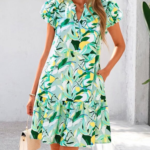 Womens Summer Dresses 2025 Puffy Sleeve V Neck Loose Floral Print A Line Boho Mi - Picture 2 of 8